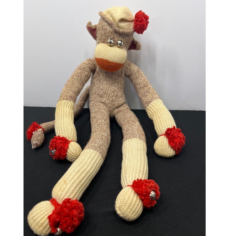 Vintage Handmade Sock Monkey Plush Brown Heather Red Pom Poms Jingle Bells 18in